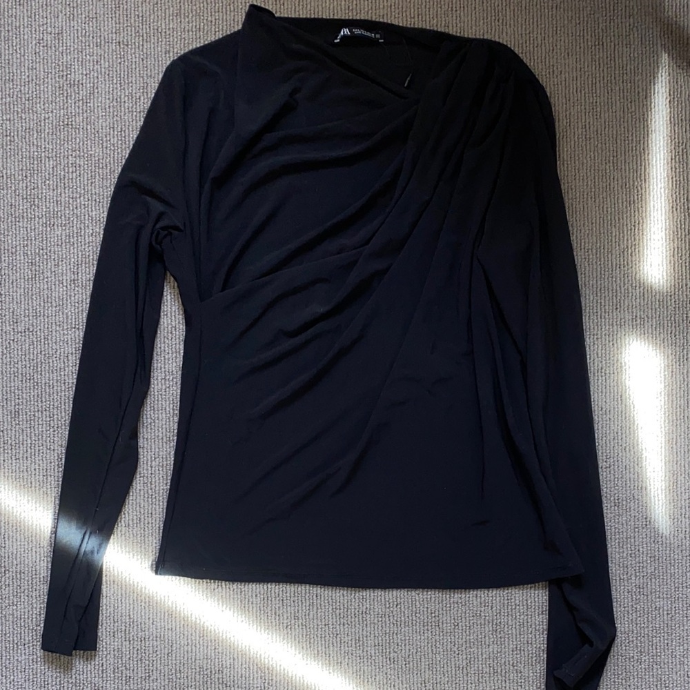 Zara Elegant Black Long Sleeve Matte Jersey Women's Top sz L